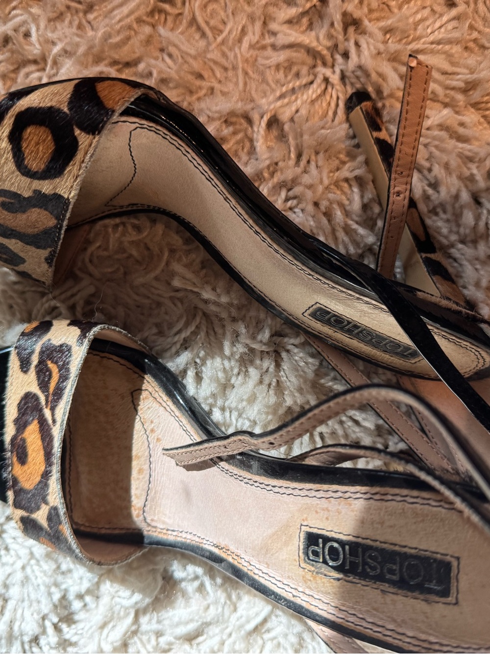 Topshop Leopard Print Open-Toe Ankle Strap Heels in Tan and Black